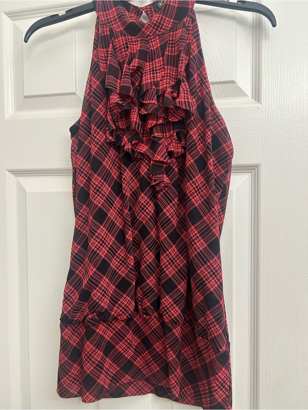 INC International Concepts Red and Black Plaid Ruffle Top